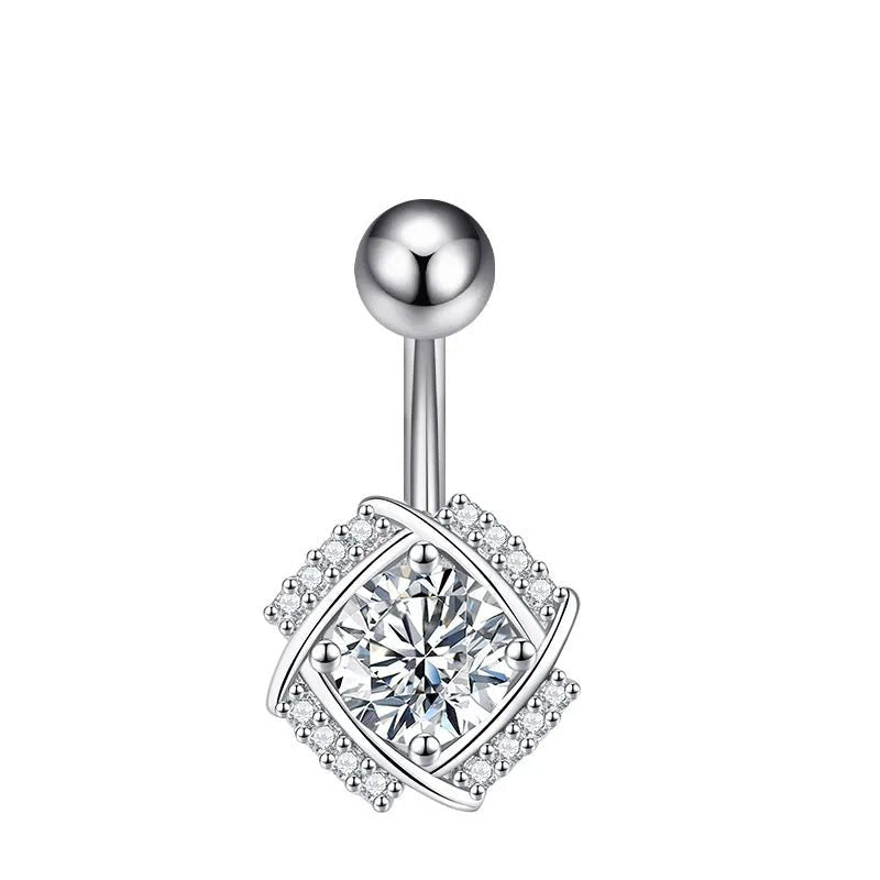 European and American fashion 1.6mm thick stainless steel rod double diamond heart - shaped head inlaid with zircon navel piercing jewelry - QIAO CrystalQIAO CrystalQIAO Crystal