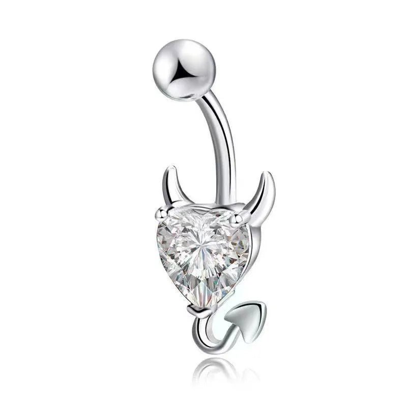 European and American fashion 1.6mm thick stainless steel rod double diamond heart - shaped head inlaid with zircon navel piercing jewelry - QIAO CrystalQIAO CrystalQIAO Crystal