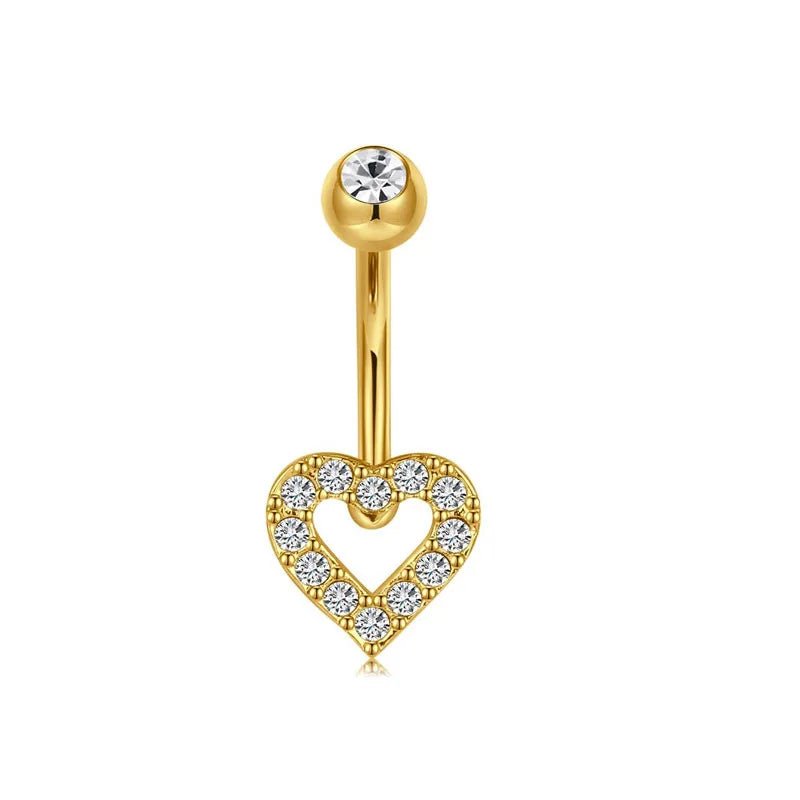 European and American fashion 1.6mm thick stainless steel rod double diamond heart - shaped head inlaid with zircon navel piercing jewelry - QIAO CrystalQIAO CrystalQIAO Crystal