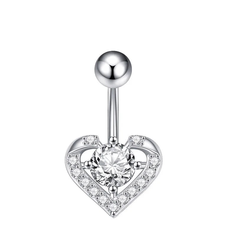 European and American fashion 1.6mm thick stainless steel rod double diamond heart - shaped head inlaid with zircon navel piercing jewelry - QIAO CrystalQIAO CrystalQIAO Crystal