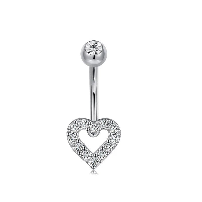 European and American fashion 1.6mm thick stainless steel rod double diamond heart - shaped head inlaid with zircon navel piercing jewelry - QIAO CrystalQIAO CrystalQIAO Crystal