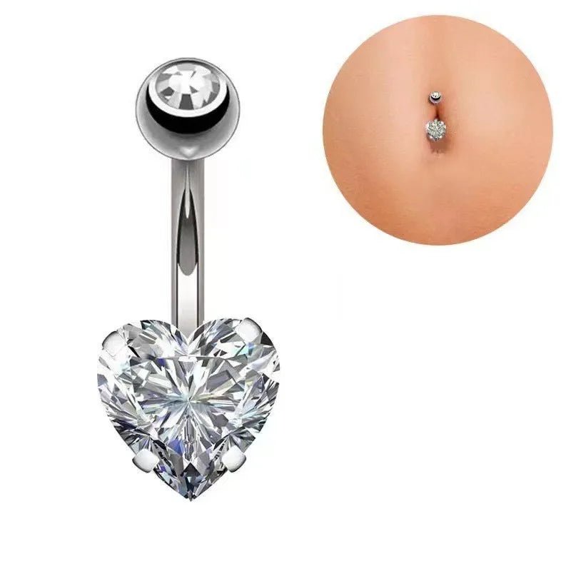 European and American fashion 1.6mm thick stainless steel rod double diamond heart - shaped head inlaid with zircon navel piercing jewelry - QIAO CrystalQIAO CrystalQIAO Crystal