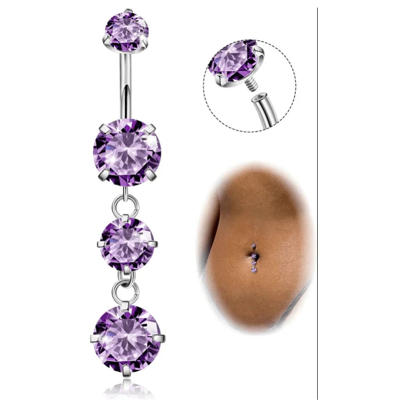 G23 Titanium Dangle Belly Button Ring Dangling Navel Rings CZ Belly Rings Curved Barbell Internally Threaded Belly Piercing Jewelry