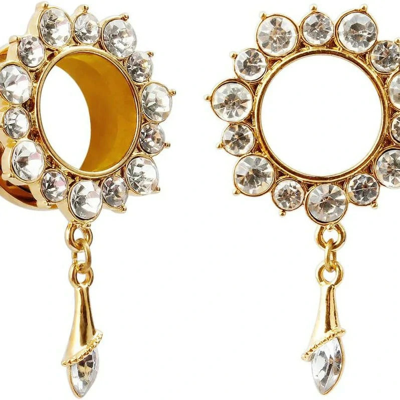 Gemmed Flower Drop Eyelets Gold Plated Stainless Steel Flare Screw Back Ear