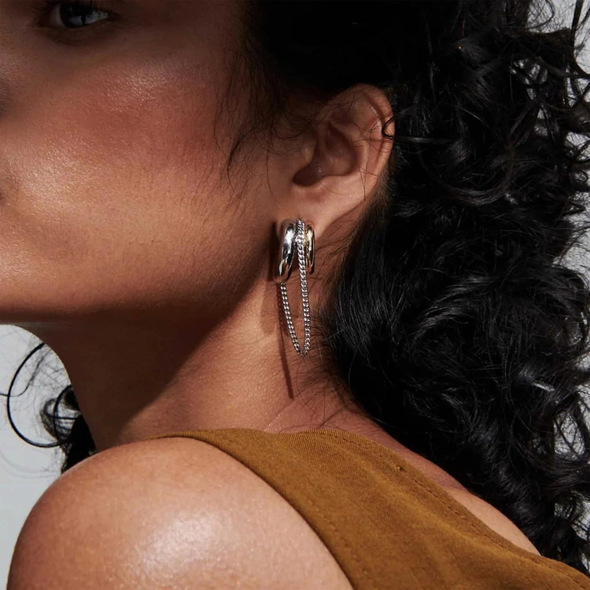 Gold and Silver Tassel Chain Hoop Earrings Trendy Two Tone Dangling Chain - QIAO CrystalQIAO CrystalQIAO Crystal