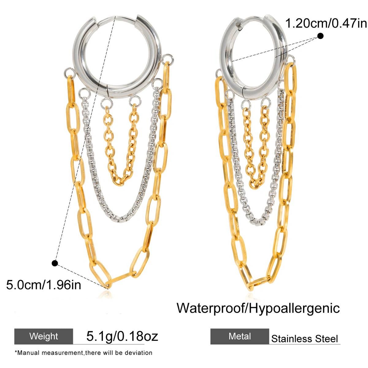 Gold and Silver Tassel Chain Hoop Earrings Trendy Two Tone Dangling Chain - QIAO CrystalQIAO CrystalQIAO Crystal