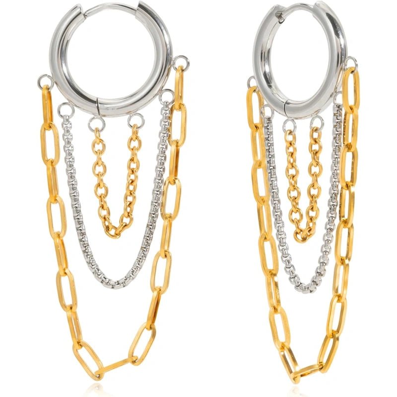 Gold and Silver Tassel Chain Hoop Earrings Trendy Two Tone Dangling Chain - QIAO CrystalQIAO CrystalQIAO Crystal