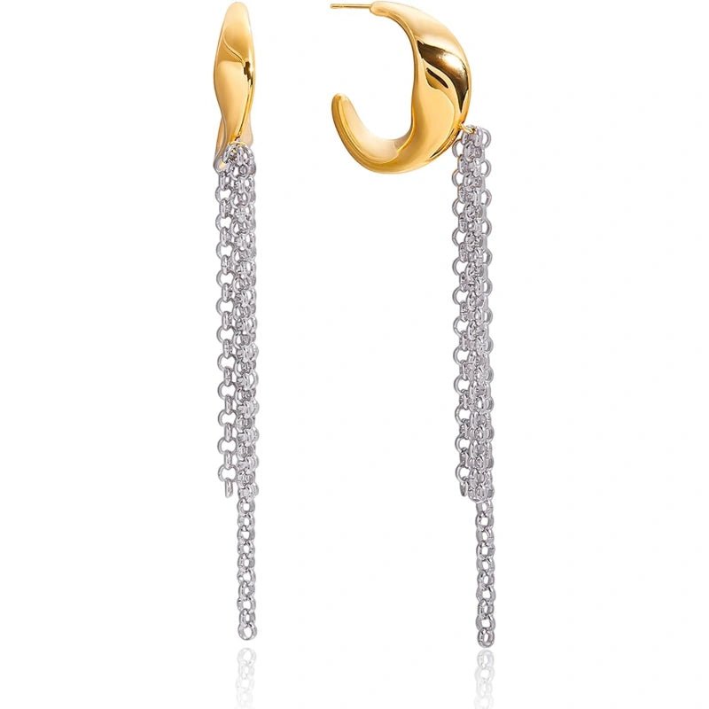 Gold and Silver Tassel Chain Hoop Earrings Trendy Two Tone Dangling Chain - QIAO CrystalQIAO CrystalQIAO Crystal