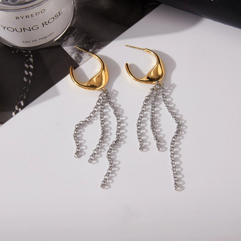 Gold and Silver Tassel Chain Hoop Earrings Trendy Two Tone Dangling Chain - QIAO CrystalQIAO CrystalQIAO Crystal