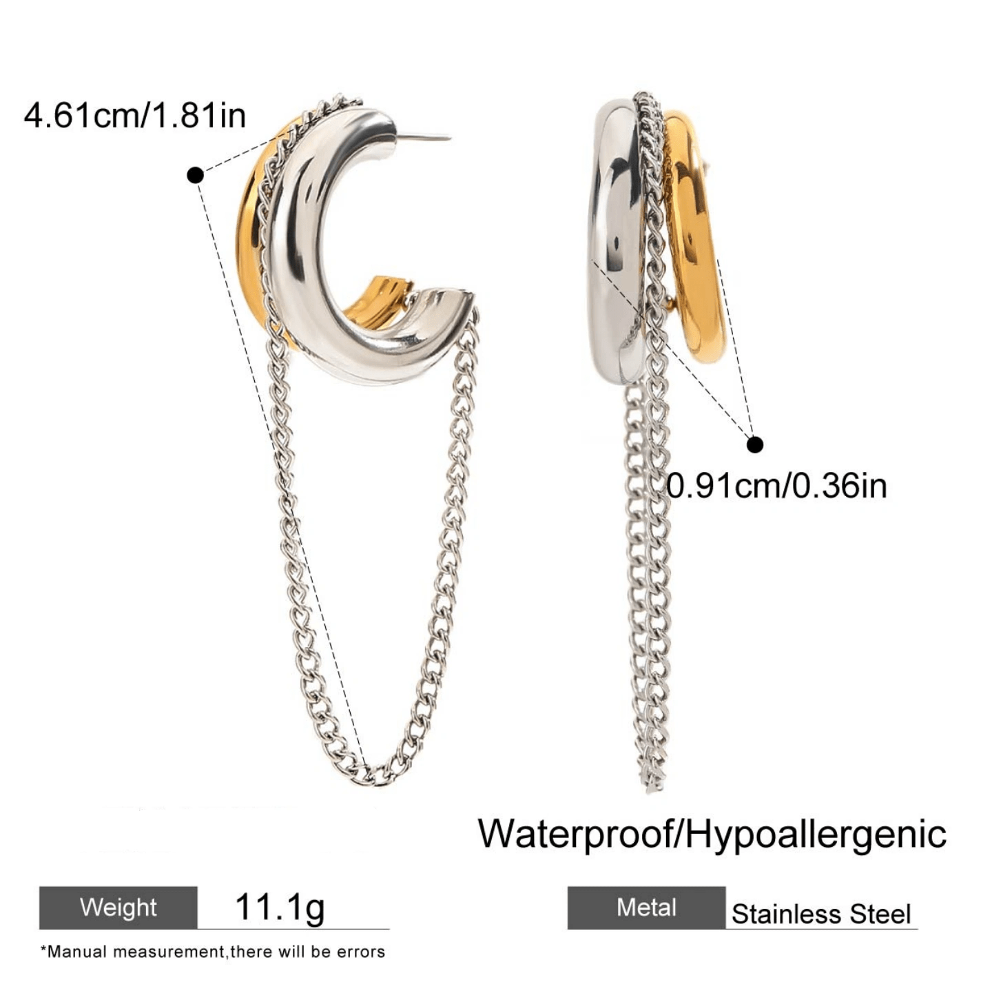 Gold and Silver Tassel Chain Hoop Earrings Trendy Two Tone Dangling Chain - QIAO CrystalQIAO CrystalQIAO Crystal