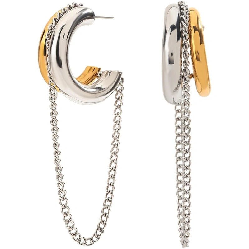 Gold and Silver Tassel Chain Hoop Earrings Trendy Two Tone Dangling Chain - QIAO CrystalQIAO CrystalQIAO Crystal