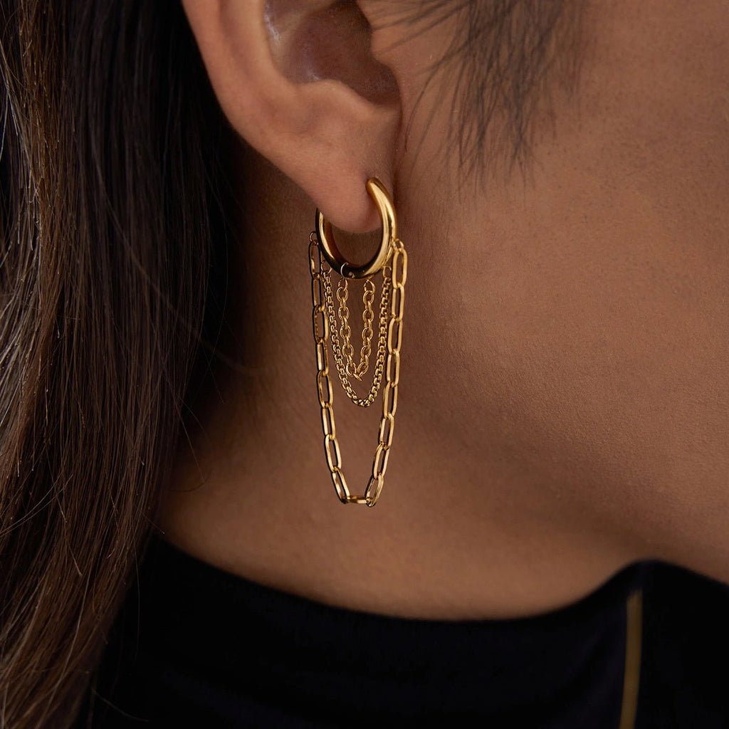 Gold and Silver Tassel Chain Hoop Earrings Trendy Two Tone Dangling Chain - QIAO CrystalQIAO CrystalQIAO Crystal