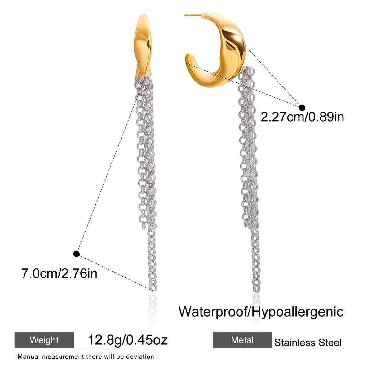 Gold and Silver Tassel Chain Hoop Earrings Trendy Two Tone Dangling Chain - QIAO CrystalQIAO CrystalQIAO Crystal
