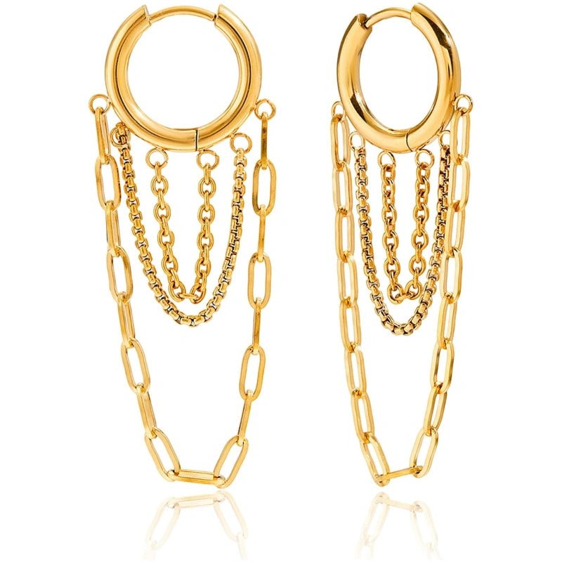 Gold and Silver Tassel Chain Hoop Earrings Trendy Two Tone Dangling Chain - QIAO CrystalQIAO CrystalQIAO Crystal