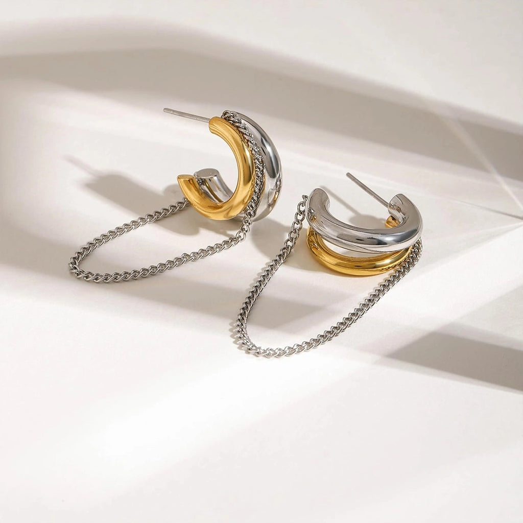 Gold and Silver Tassel Chain Hoop Earrings Trendy Two Tone Dangling Chain - QIAO CrystalQIAO CrystalQIAO Crystal