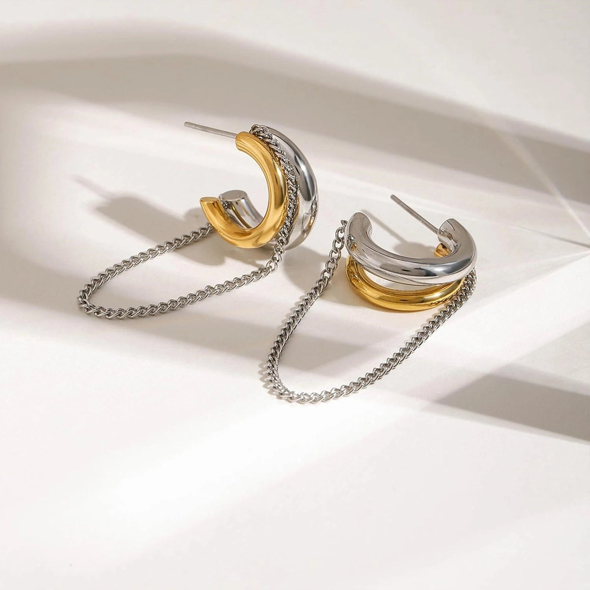 Gold and Silver Tassel Chain Hoop Earrings Trendy Two Tone Dangling Chain - QIAO CrystalQIAO CrystalQIAO Crystal