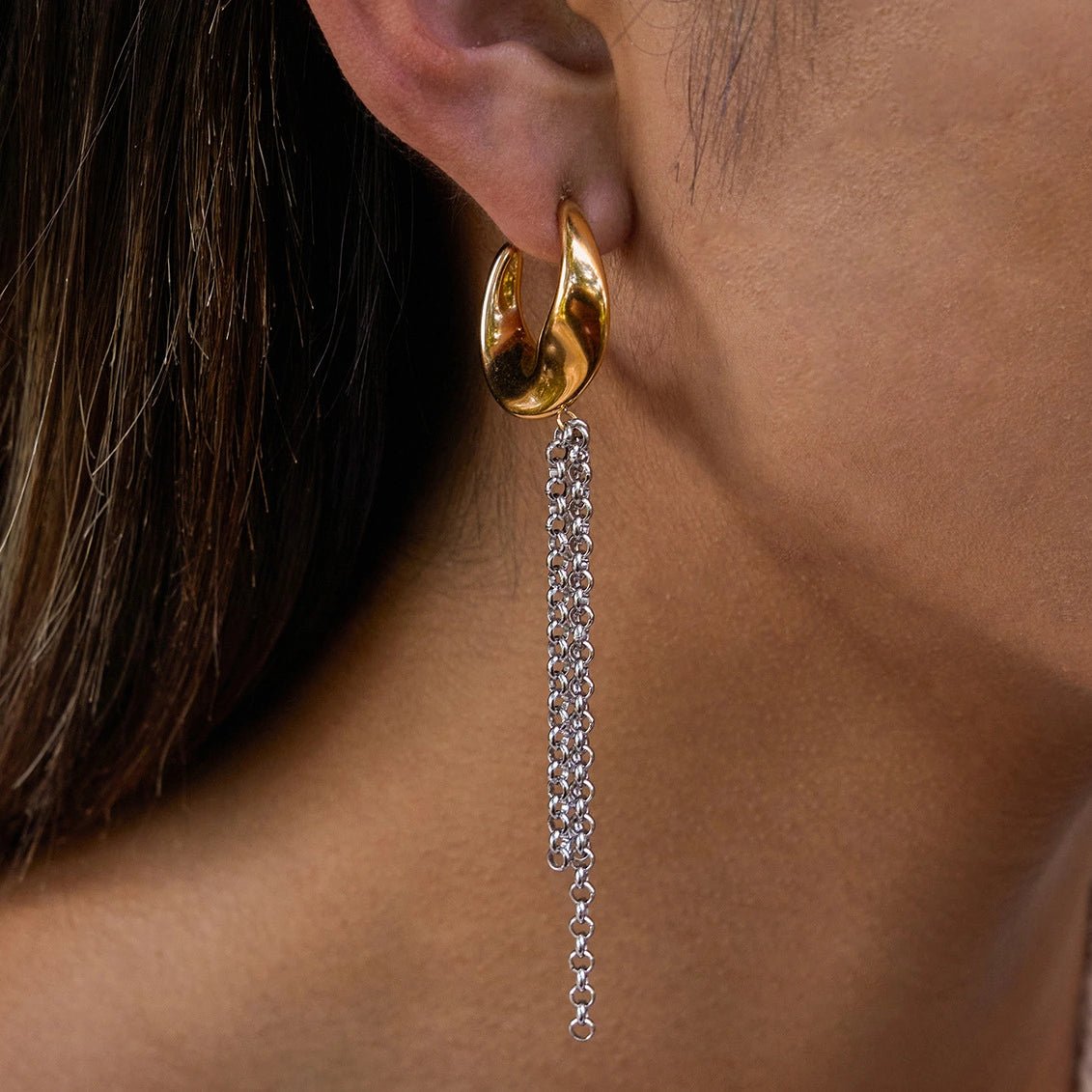 Gold and Silver Tassel Chain Hoop Earrings Trendy Two Tone Dangling Chain - QIAO CrystalQIAO CrystalQIAO Crystal