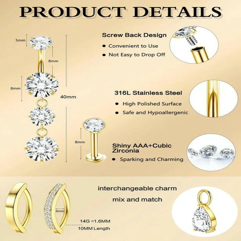 14G Surgical Stainless Steel Belly Rings Hypoallergenic Clicker Belly Button Piercings