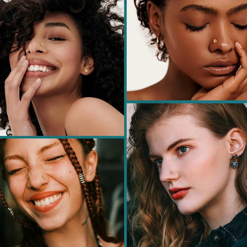 16 pcs Gold  20G Surgical Steel Nose Ring L Shaped Hypoallergenic CZ Heart Nose Studs