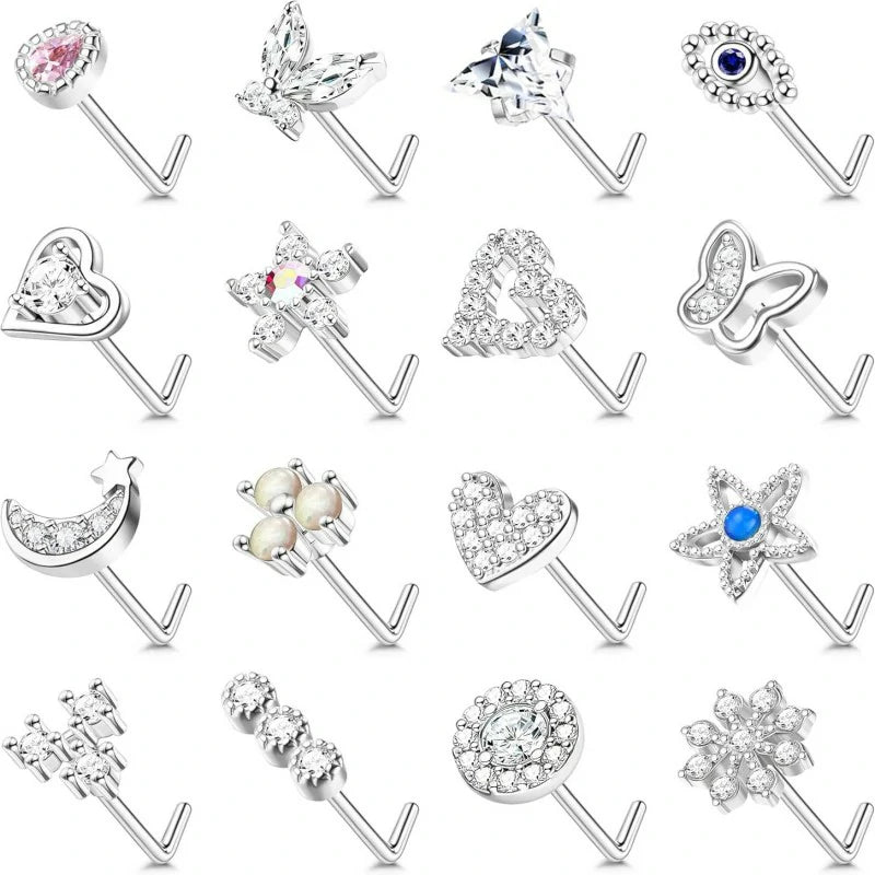 16 pcs Gold  20G Surgical Steel Nose Ring L Shaped Hypoallergenic CZ Heart Nose Studs
