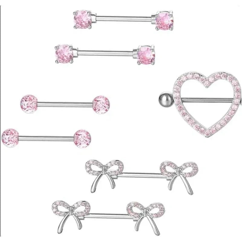 Heart/Bow/Sparkling Diamond Pink Crystal Surgical Steel Nipple Rings Piercing Jewelry