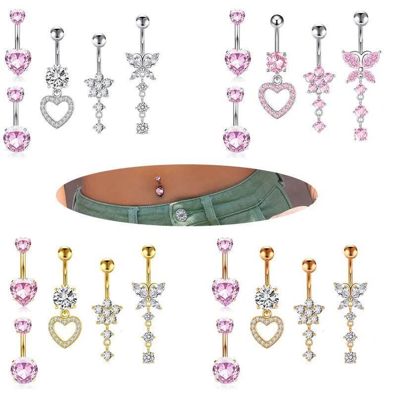Hot Sale 5 Pieces Heart Navel Ring Set Stainless Steel Body Piercing Jewelry Zircon Heart Combination - QIAO CrystalQIAO CrystalQIAO Crystal