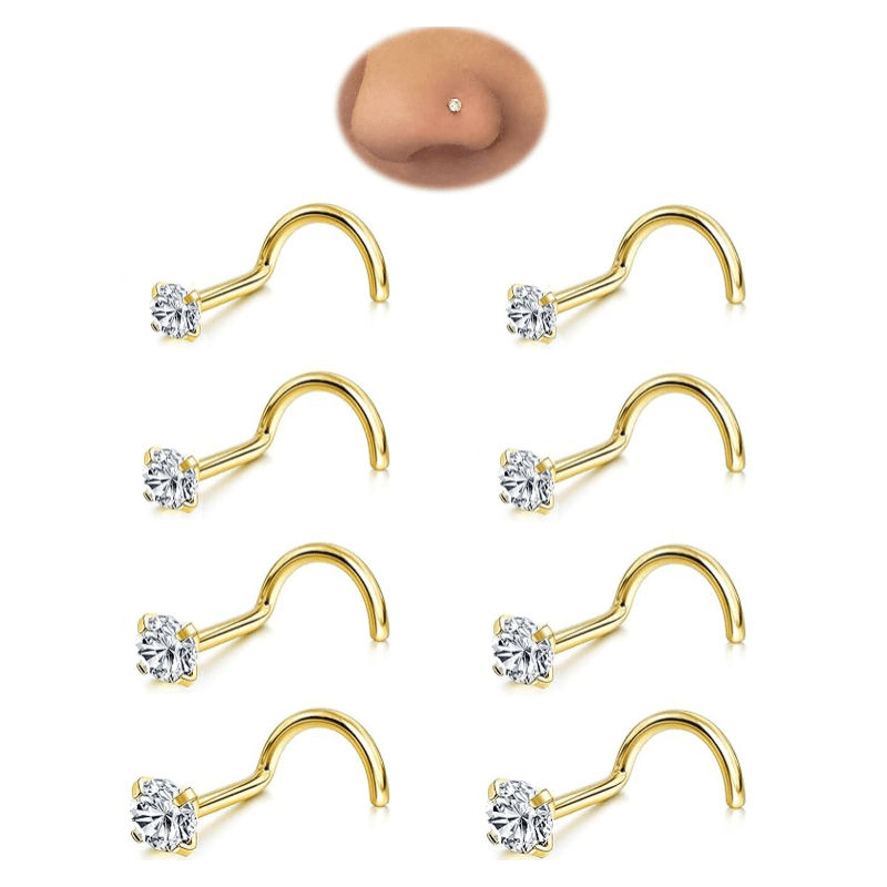 Hypoallergenic 8Pcs 18G 20G 22G Gold 316L Surgical Stainless Steel Nose Studs Corkscrew - QIAO Crystal我的商店QIAO Crystal