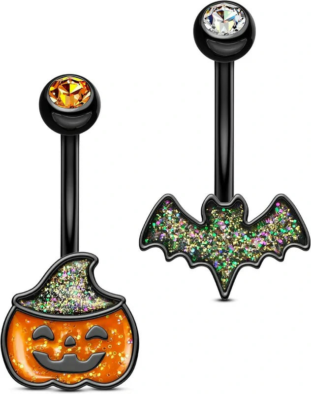 2PCS Halloween Pumpkin Bat Stainless Surgical Steel Belly Button Piercing Jewelry