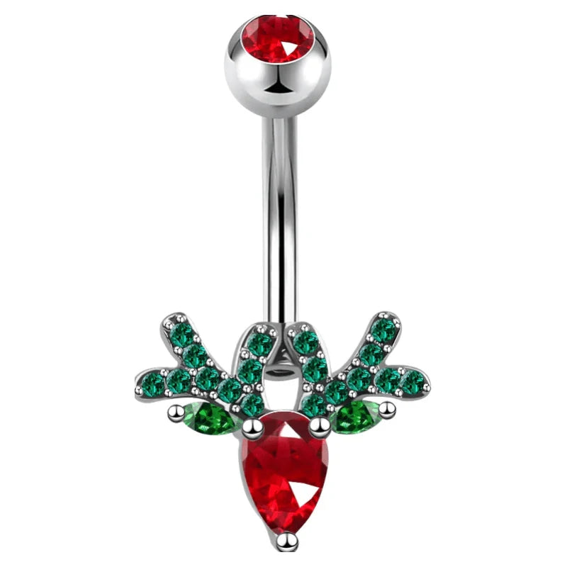 14G Surgical Steel Deer Head Navel Piercing Jewelry Christmas Belly Button Ring