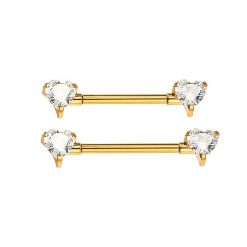 G23 Titanium Nipple Rings Internally Threaded 14g Nipple Heart CZ Gold Bridge Piercing