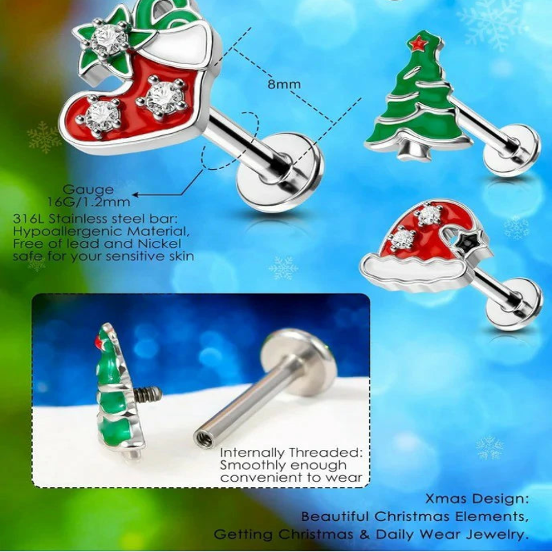 16G Surgical Steel Lip & Cartilage 3PCS Christmas Themed Lip Rings