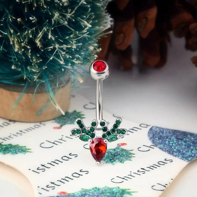 14G Surgical Steel Deer Head Navel Piercing Jewelry Christmas Belly Button Ring