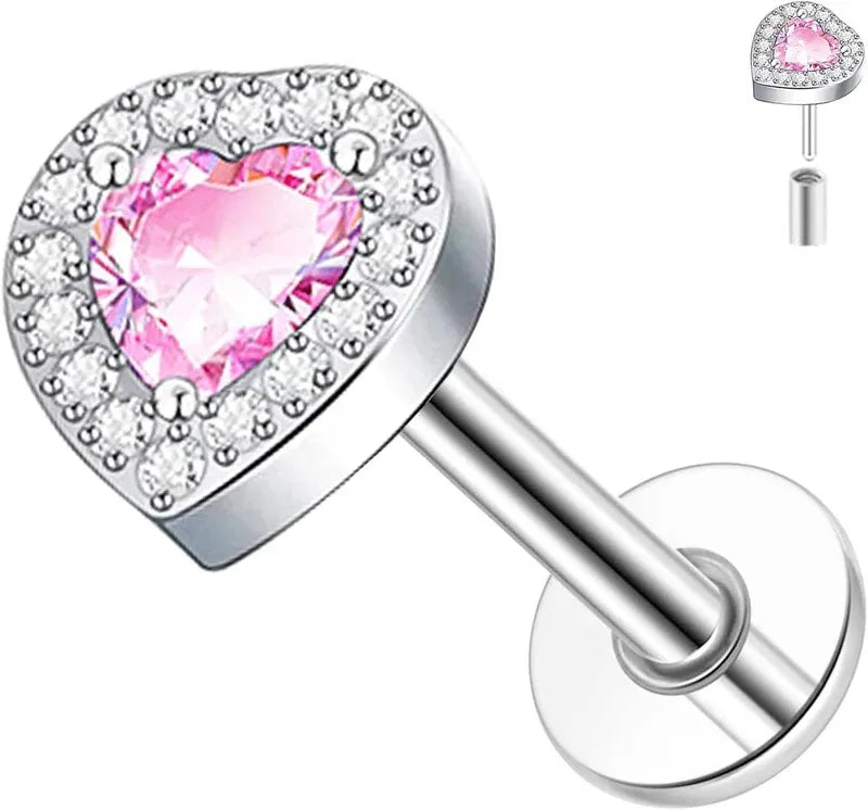 Titanium 16G Push in Flatback Stud Heart Cherry Nose Lip Ring Stud Hypoallergenic
