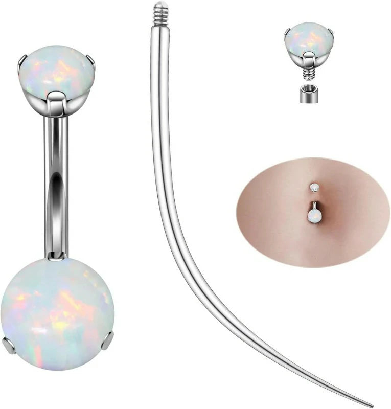 14G Opal Round Belly Navel Rings 10mm Bar Curved Piercing Taper Belly Button Rings