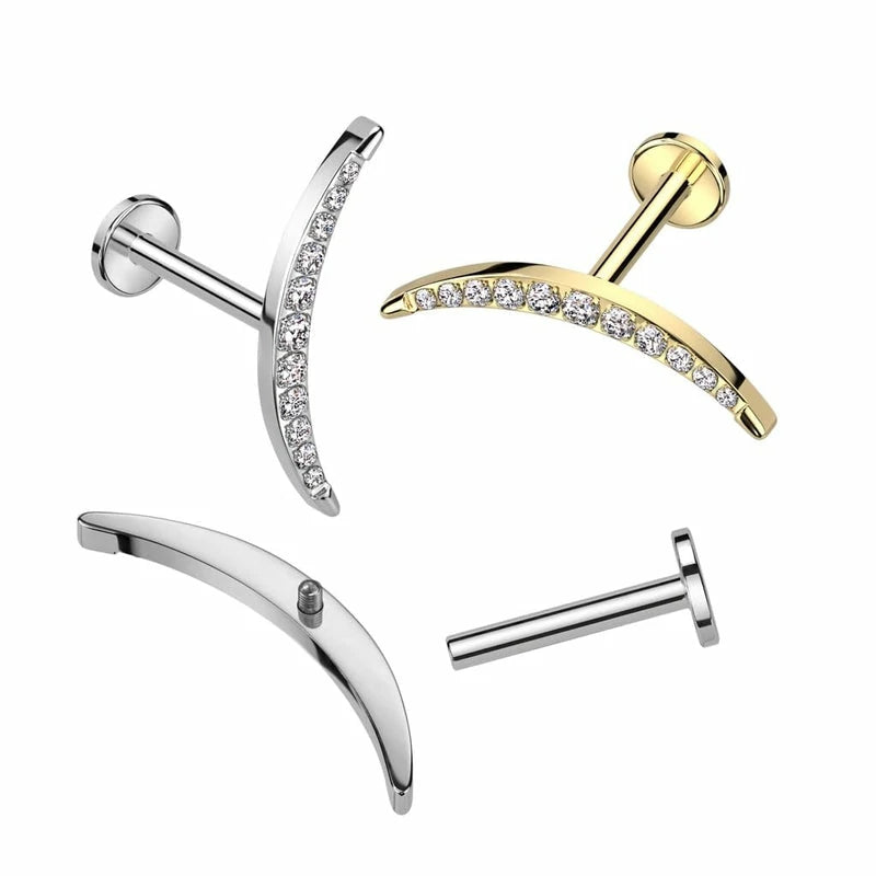 Implant Grade Titanium Threaded CZ Crystal Paved Long Crescent Moon Flat Back Stud