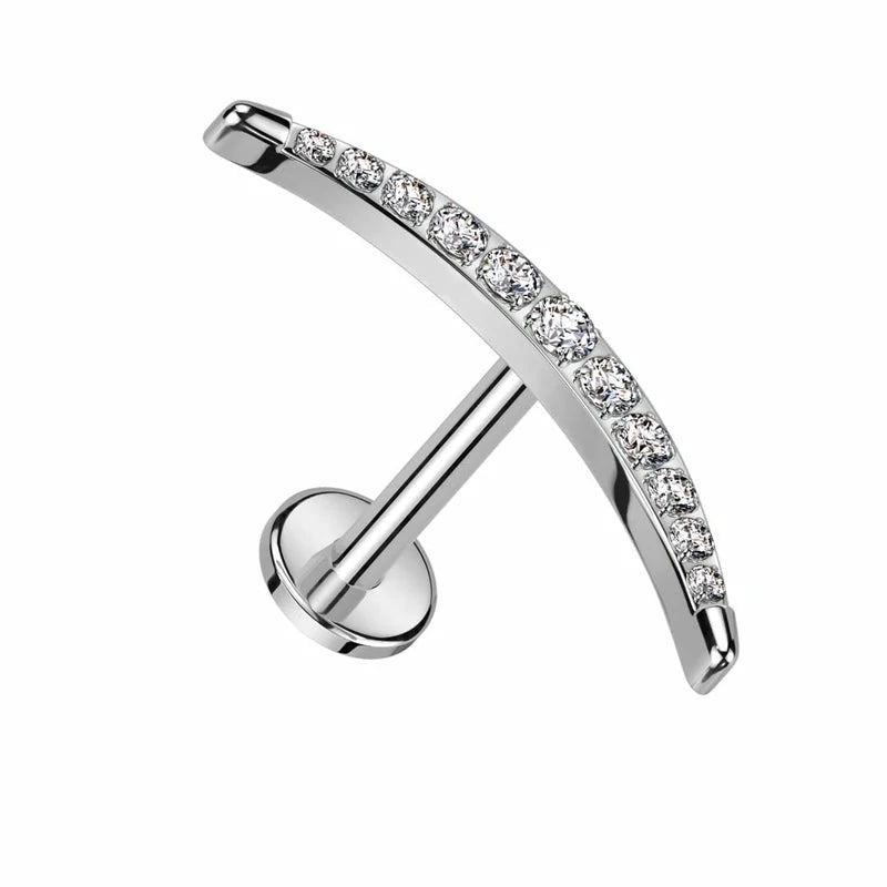 Implant Grade Titanium Threaded CZ Crystal Paved Long Crescent Moon Flat Back Stud