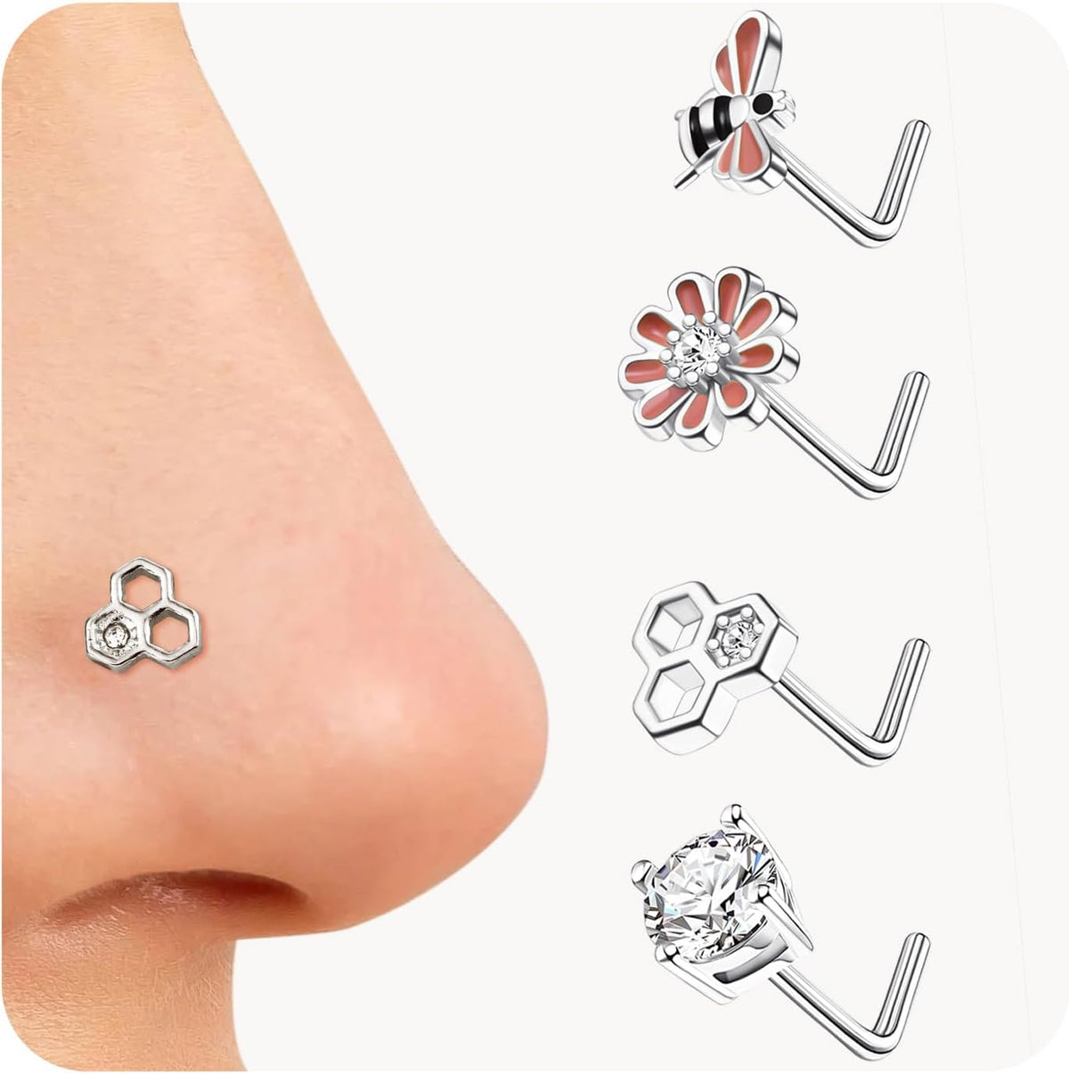 JOERICA Nose Rings Studs for Women Stainless Steel L Shaped Nose Studs Tiny Opal CZ Sunflower Turquoise Bee Planet Geometric Nose Piercing Jewelry - QIAO CrystalQIAO CrystalQIAO Crystal