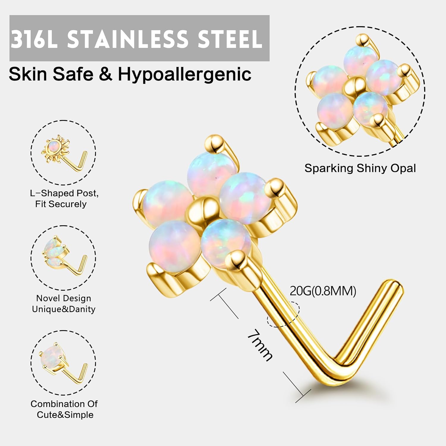 JOERICA Nose Rings Studs for Women Stainless Steel L Shaped Nose Studs Tiny Opal CZ Sunflower Turquoise Bee Planet Geometric Nose Piercing Jewelry - QIAO CrystalQIAO CrystalQIAO Crystal