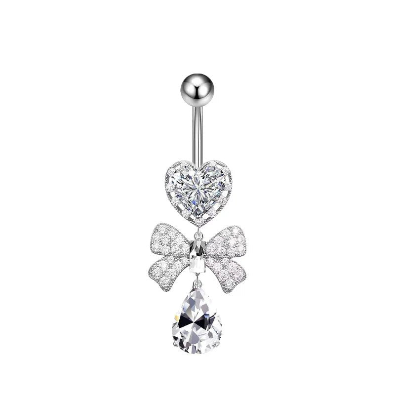 New 316L Stainless Steel Umbilical Ring Peach Heart Zircon 10mm Sexy Nail Body Jewelry Piercing Bow Design Abdominal Piercing - QIAO CrystalQIAO CrystalQIAO Crystal