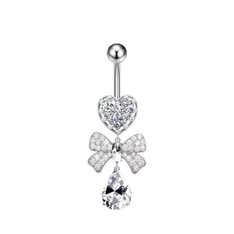 New 316L Stainless Steel Umbilical Ring Peach Heart Zircon 10mm Sexy Nail Body Jewelry Piercing Bow Design Abdominal Piercing - QIAO CrystalQIAO CrystalQIAO Crystal