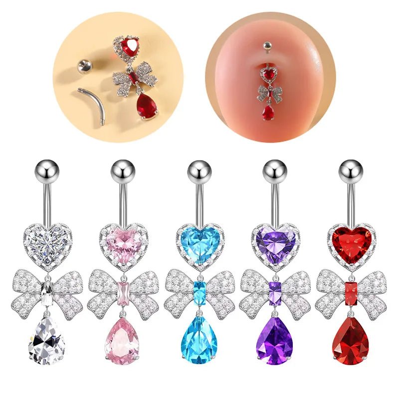 New 316L Stainless Steel Umbilical Ring Peach Heart Zircon 10mm Sexy Nail Body Jewelry Piercing Bow Design Abdominal Piercing - QIAO CrystalQIAO CrystalQIAO Crystal