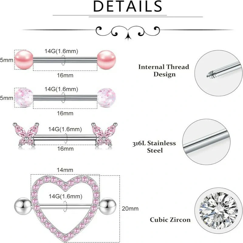 14 Gauge Nipple Piercing Nipple Jewelry 316L Stainless Steel Heart Cherry Nipple Barbell