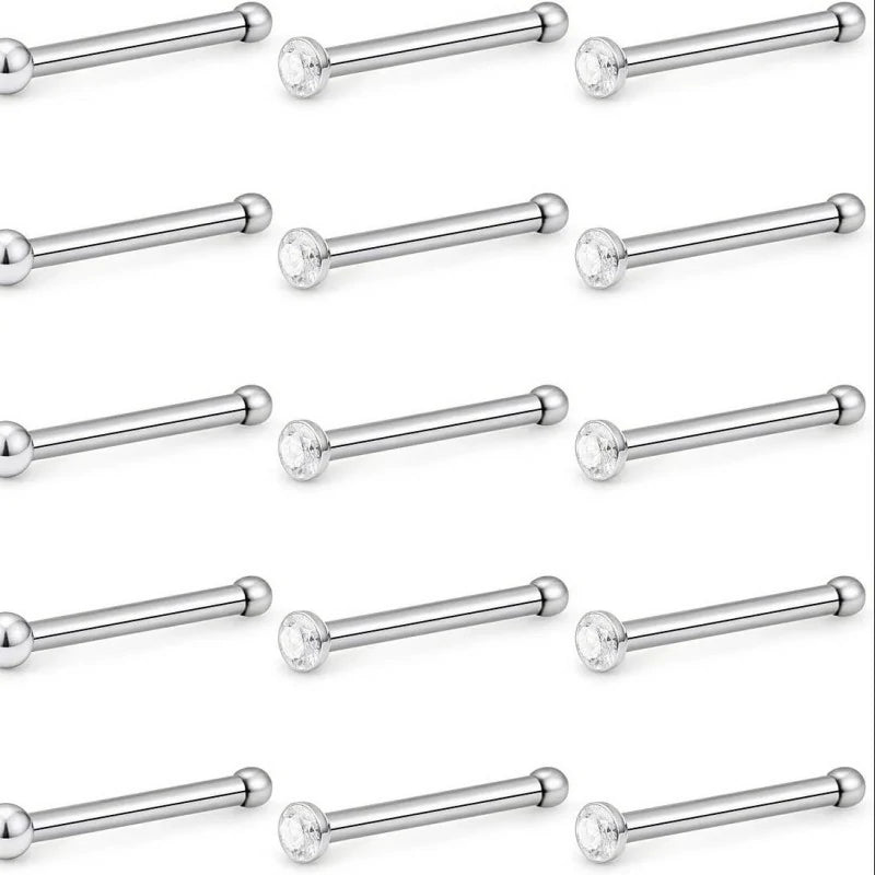 1.5mm 2mm 2.5mm 3mm 22G 20PCS Surgical Steel Bone Nose Rings Pin Clear Diamond