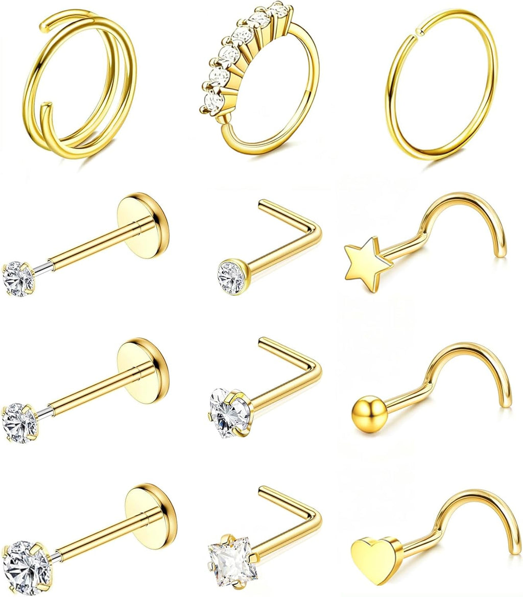 Nose Rings Hoop and Nose Studs Sets for Women Men,Hypoallergenic 316L Surgical Stainless Steel Hinged Clicker Segment Nose Rings Hoop Helix Cartilage Daith Tragus Sleeper Earrings Silver Gold Black L Shape/Corkscrew/Straight Nose Studs Real Body Piercing - QIAO CrystalQIAO CrystalQIAO Crystal