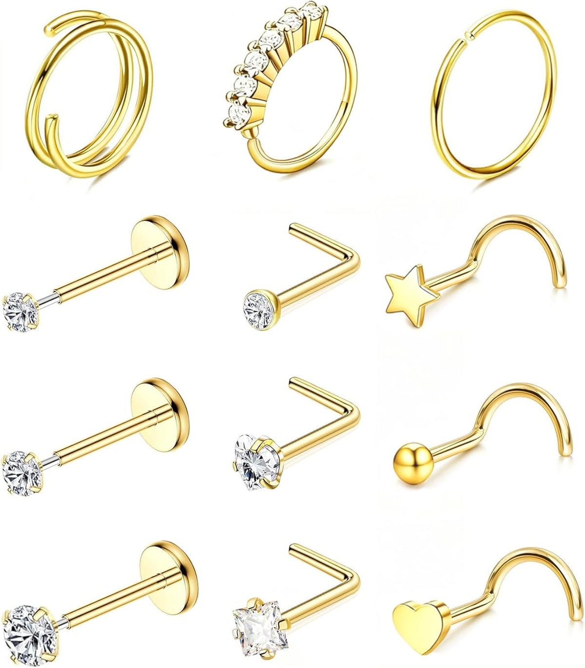 Nose Rings Hoop and Nose Studs Sets for Women Men,Hypoallergenic 316L Surgical Stainless Steel Hinged Clicker Segment Nose Rings Hoop Helix Cartilage Daith Tragus Sleeper Earrings Silver Gold Black L Shape/Corkscrew/Straight Nose Studs Real Body Piercing - QIAO CrystalQIAO CrystalQIAO Crystal
