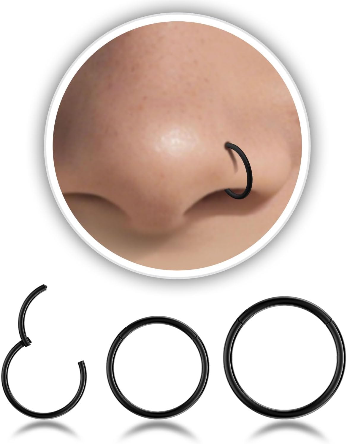 Nose Rings Hoop and Nose Studs Sets for Women Men,Hypoallergenic 316L Surgical Stainless Steel Hinged Clicker Segment Nose Rings Hoop Helix Cartilage Daith Tragus Sleeper Earrings Silver Gold Black L Shape/Corkscrew/Straight Nose Studs Real Body Piercing - QIAO CrystalQIAO CrystalQIAO Crystal