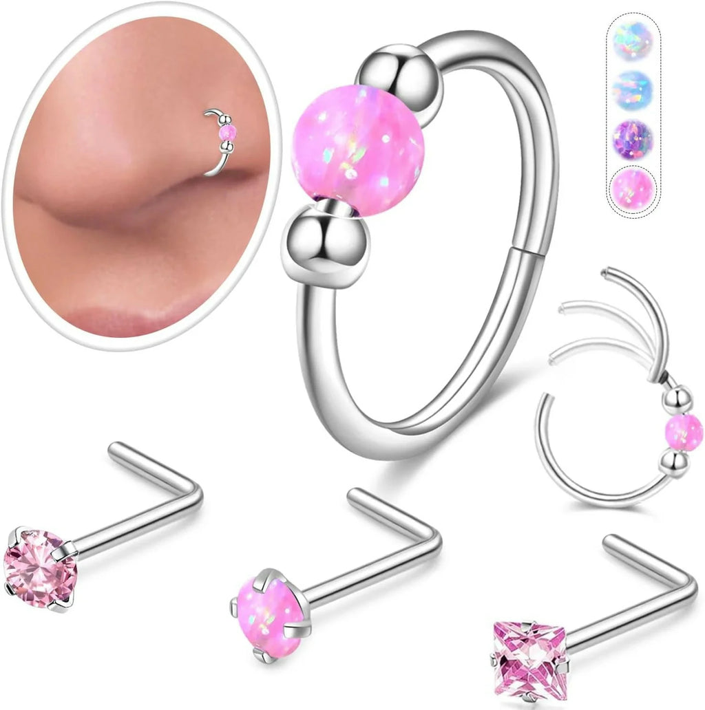 Opal Nose Rings Hoops and Corkscrew Nose Studs Hypoallergenic 316L Surgical Stainless