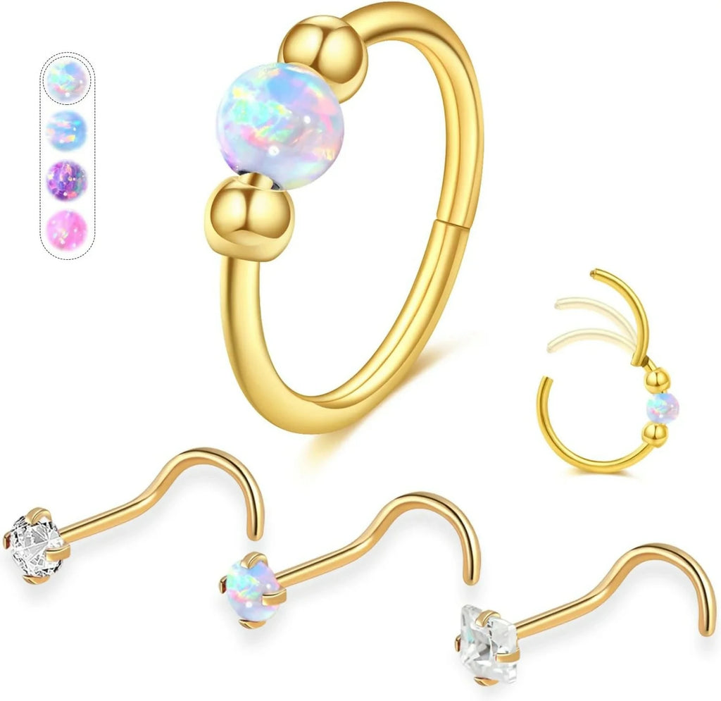 Opal Nose Rings Hoops and Corkscrew Nose Studs Hypoallergenic 316L Surgical Stainless