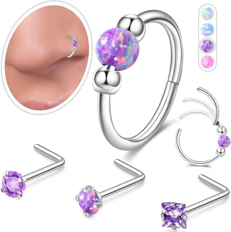 Opal Nose Rings Hoops and Corkscrew Nose Studs Hypoallergenic 316L Surgical Stainless
