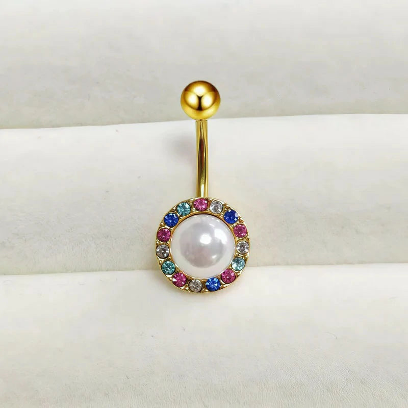Pearl Flower Belly Button Rings 14G Surgical Stainless Steel Navel Barbell Stud